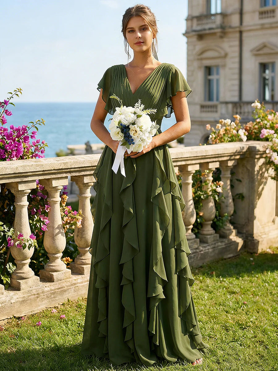 Chiffon A Line V Neck Bridesmaid Dresses with Flying Sleeves