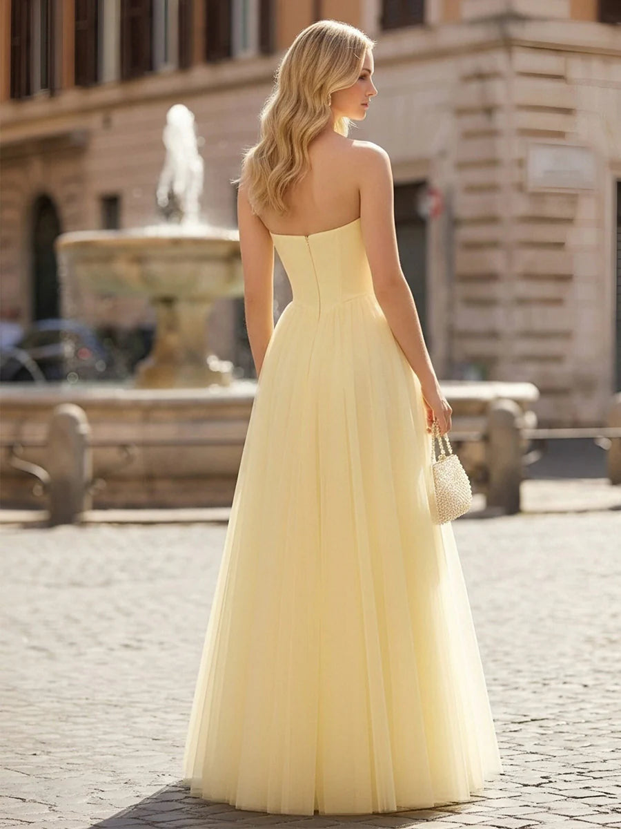 Strapless Satin A Line Tulle Prom Dresses