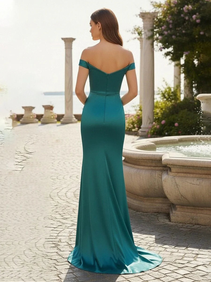 Satin Mermaid Off the Shoulder Side Slit Prom Dresses
