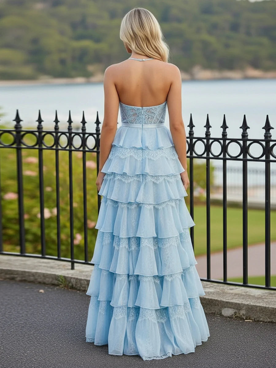 Lace Appliques A Line Tiered Chiffon Prom Dresses with Slit