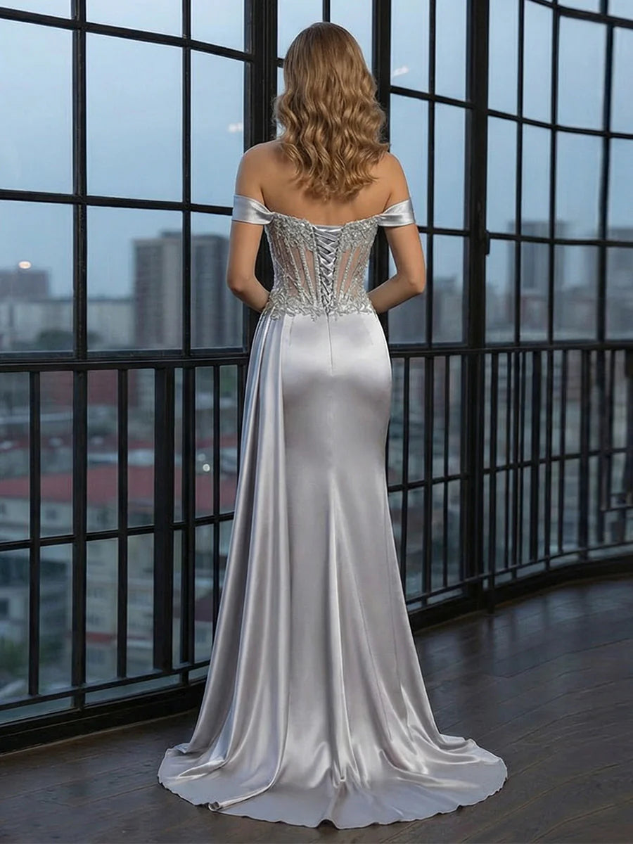Lace Appliques Satin Mermaid Prom Dresses with Slit