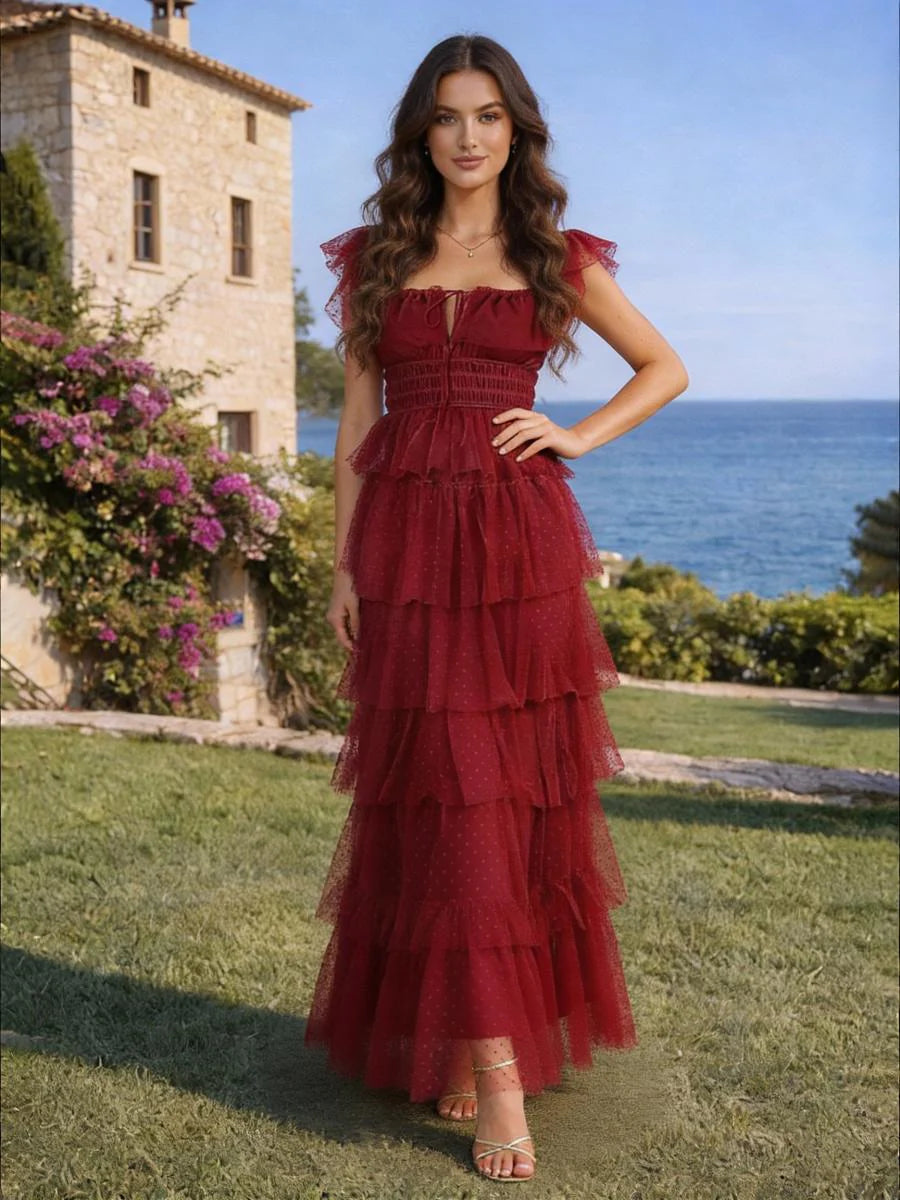 Tulle A Line Square Neck Tiered Formal Dresses