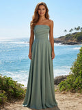 Strapless Satin A Line Long Bridesmaid Dresses