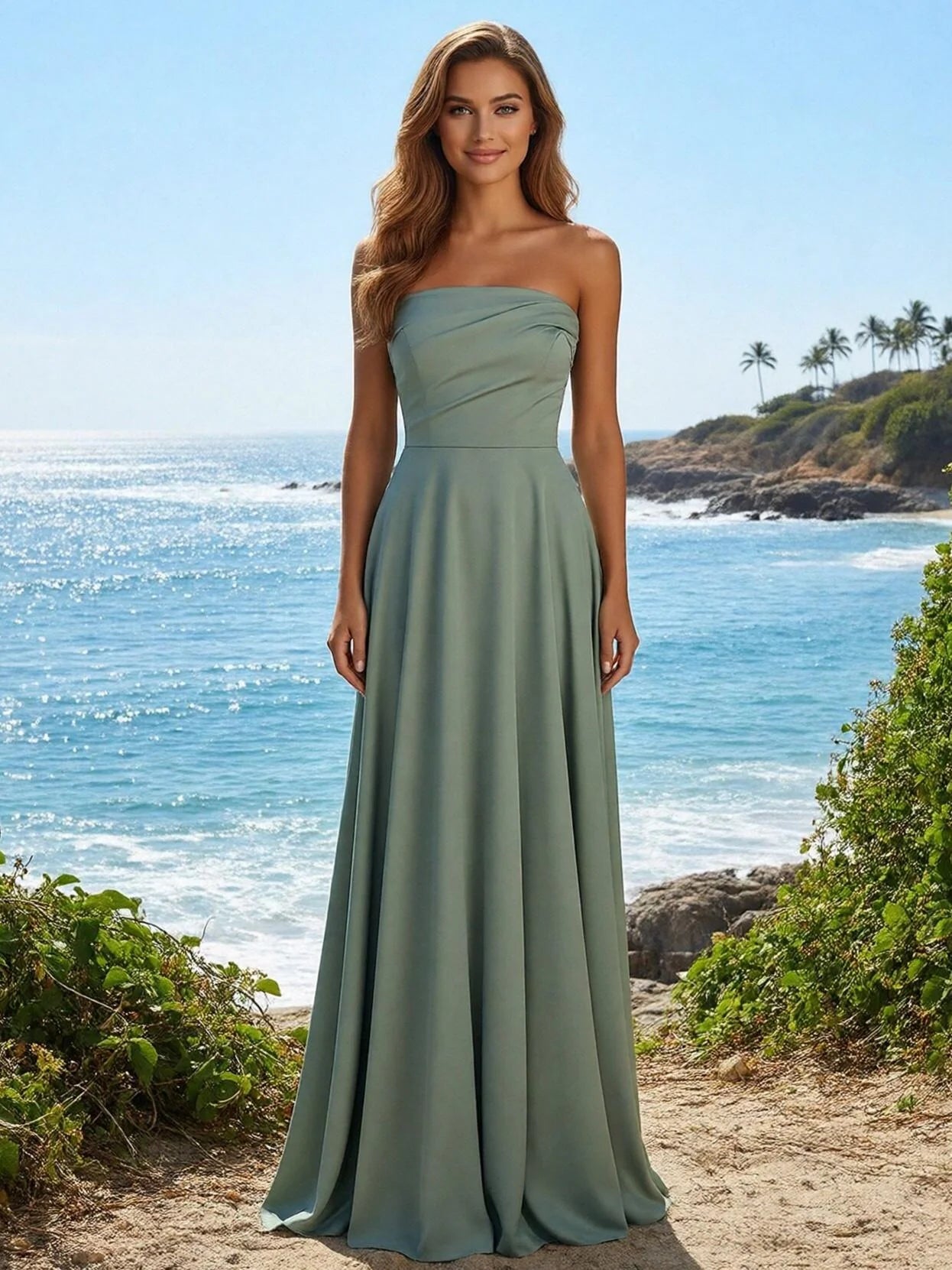 Strapless Satin A Line Long Bridesmaid Dresses