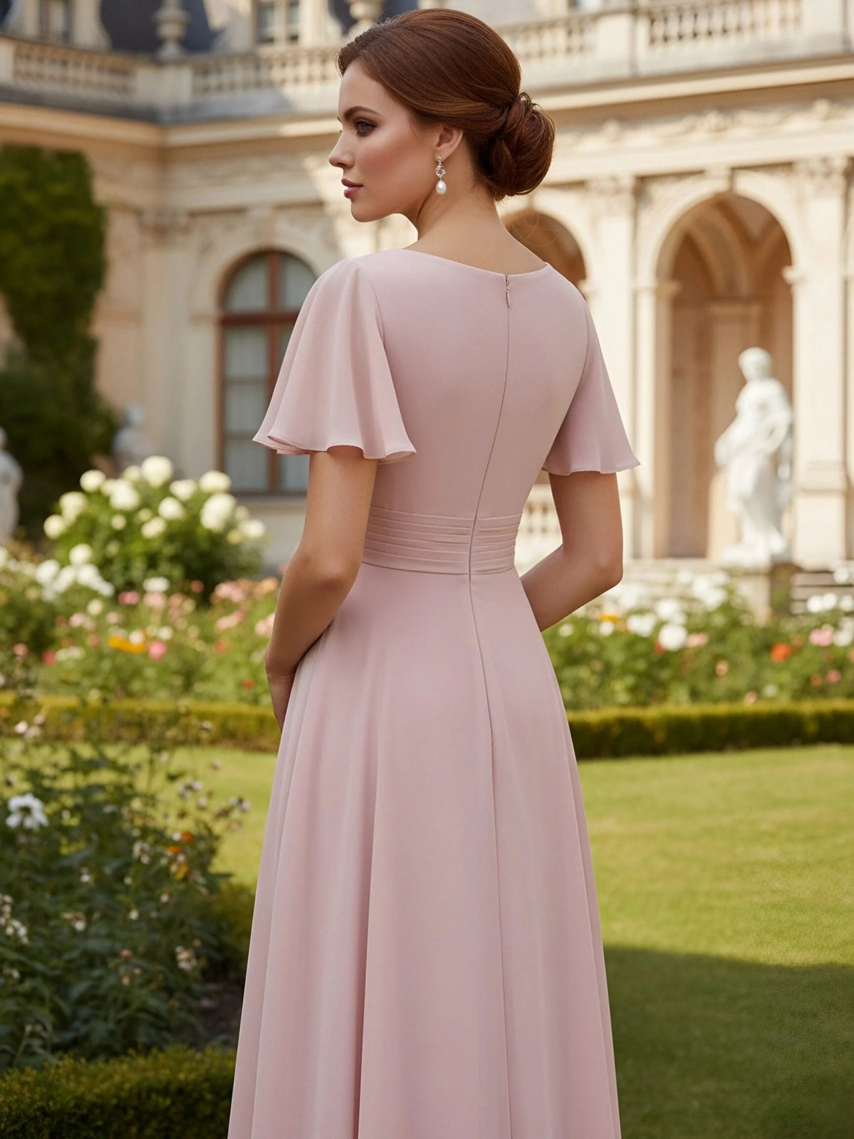 A Line Crew Neck Short Sleeves Pleated Long Bridesmaid Dresses