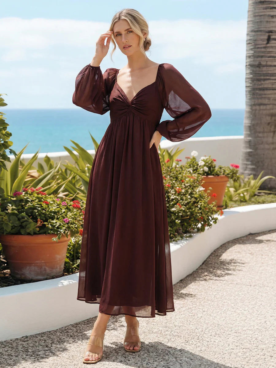 Chiffon A Line Pleated Bridesmaid Dresses with Long Sleeves