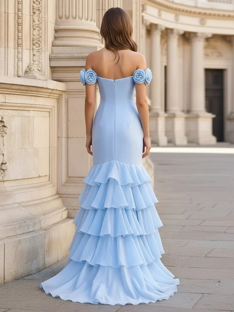 Satin Chiffon Mermaid Off the Shoulder Floral Prom Dresses