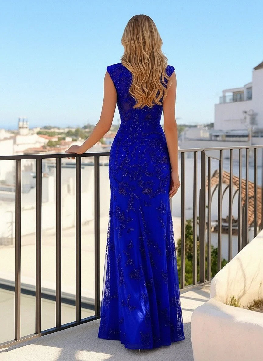 V Neck Glitter Sequin Mermaid Prom Dresses with Slit