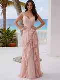 A Line V Neck Floor Length Sleeveless Bridesmaid Dresses with Ruffles