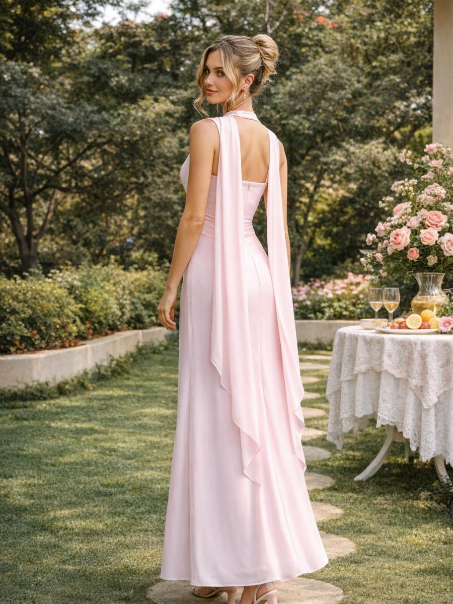 Chiffon Spaghetti Straps Bridesmaid Dresses with Scarf