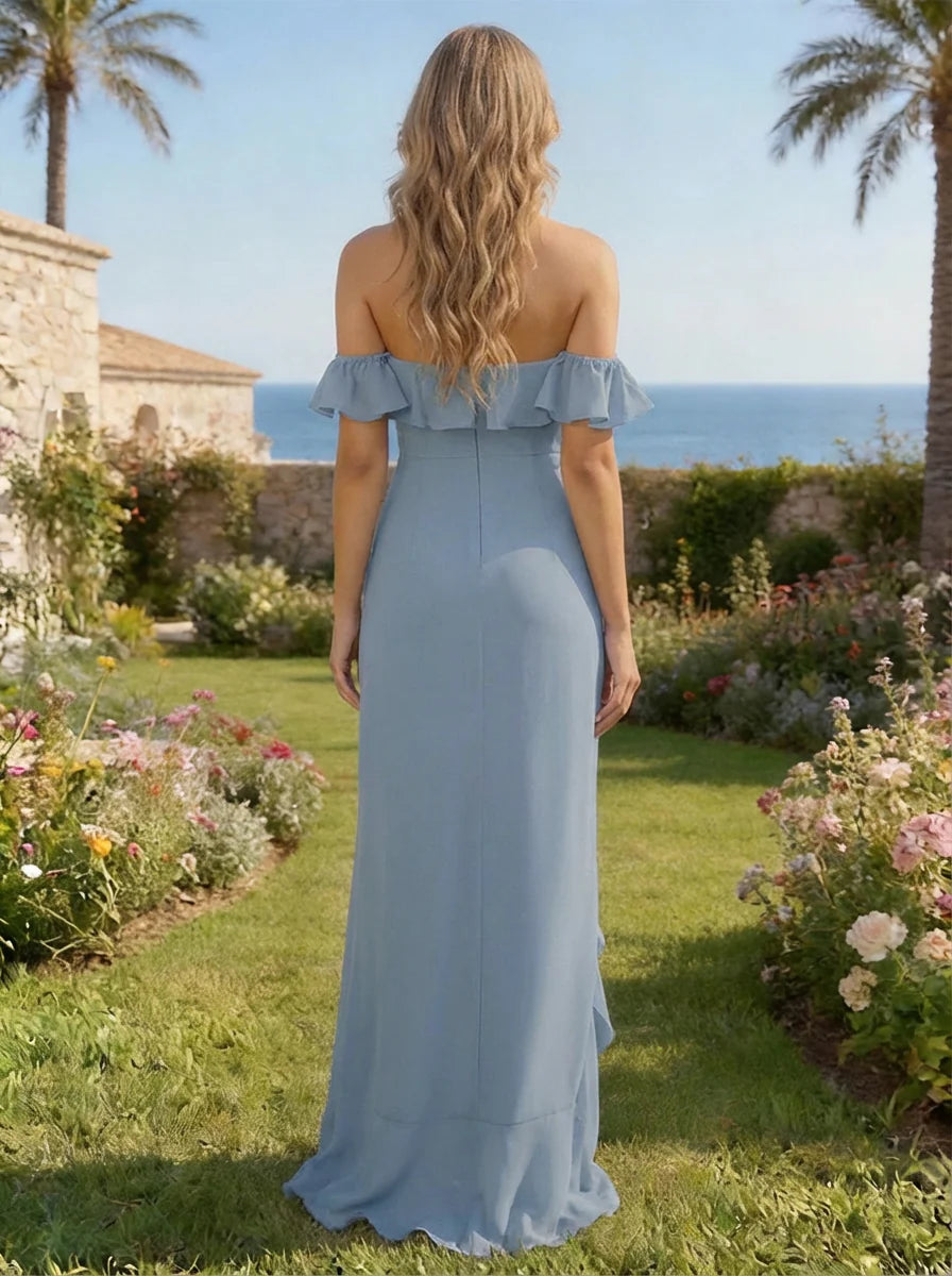 Chiffon Off the Shoulder Bridesmaid Dresses with Slit