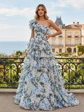 One Shoulder A Line Floral Chiffon Prom Dresses