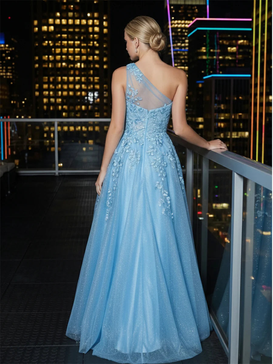 Sparkling Tulle A Line One Shoulder Applique Prom Dresses