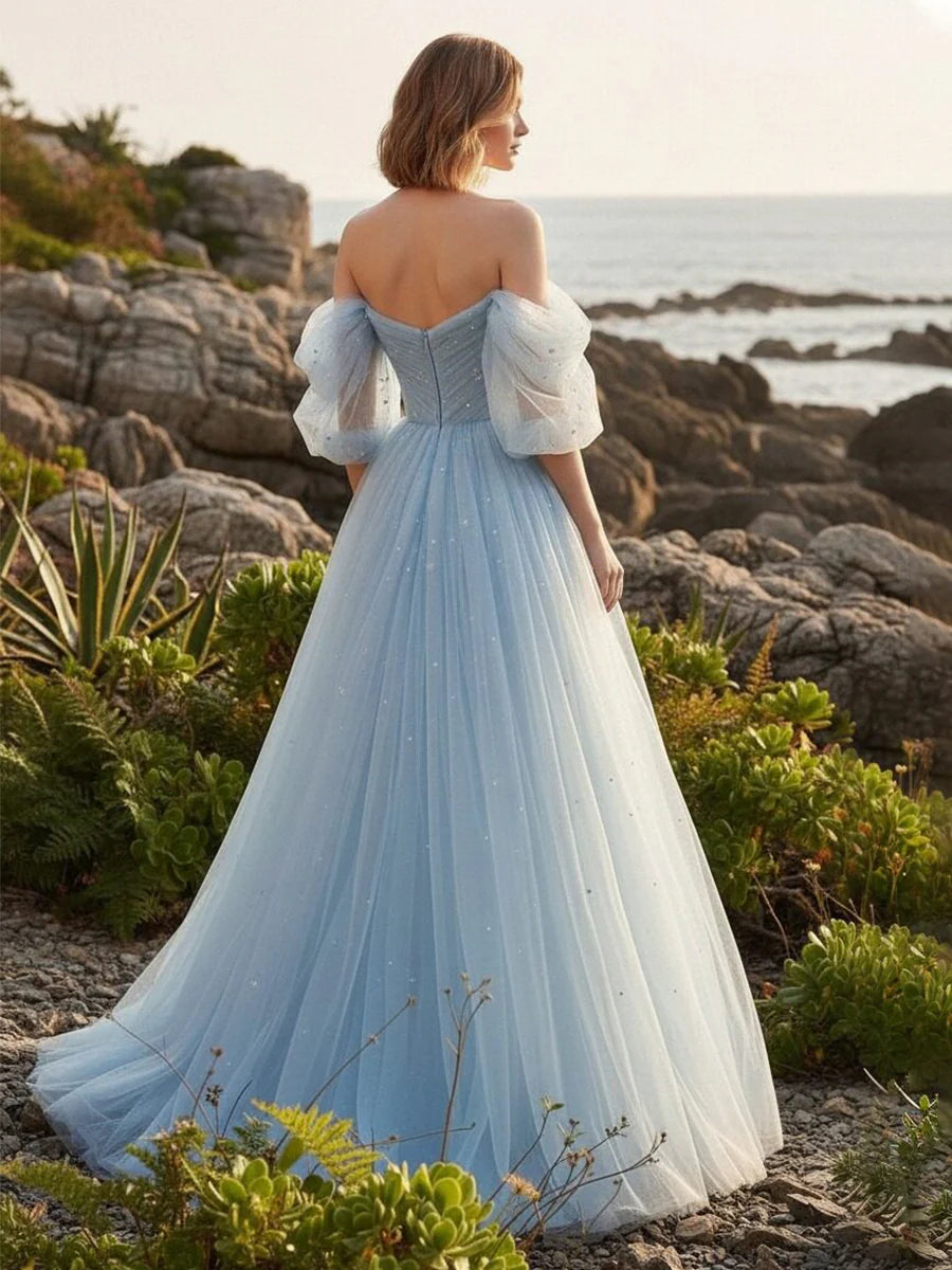 Tulle A Line Off the Shoulder Sequin Prom Dresses