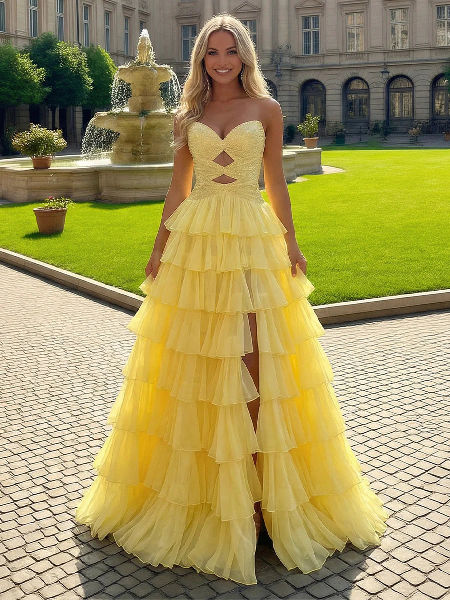 Strapless A Line Tiered Tulle Prom Dress