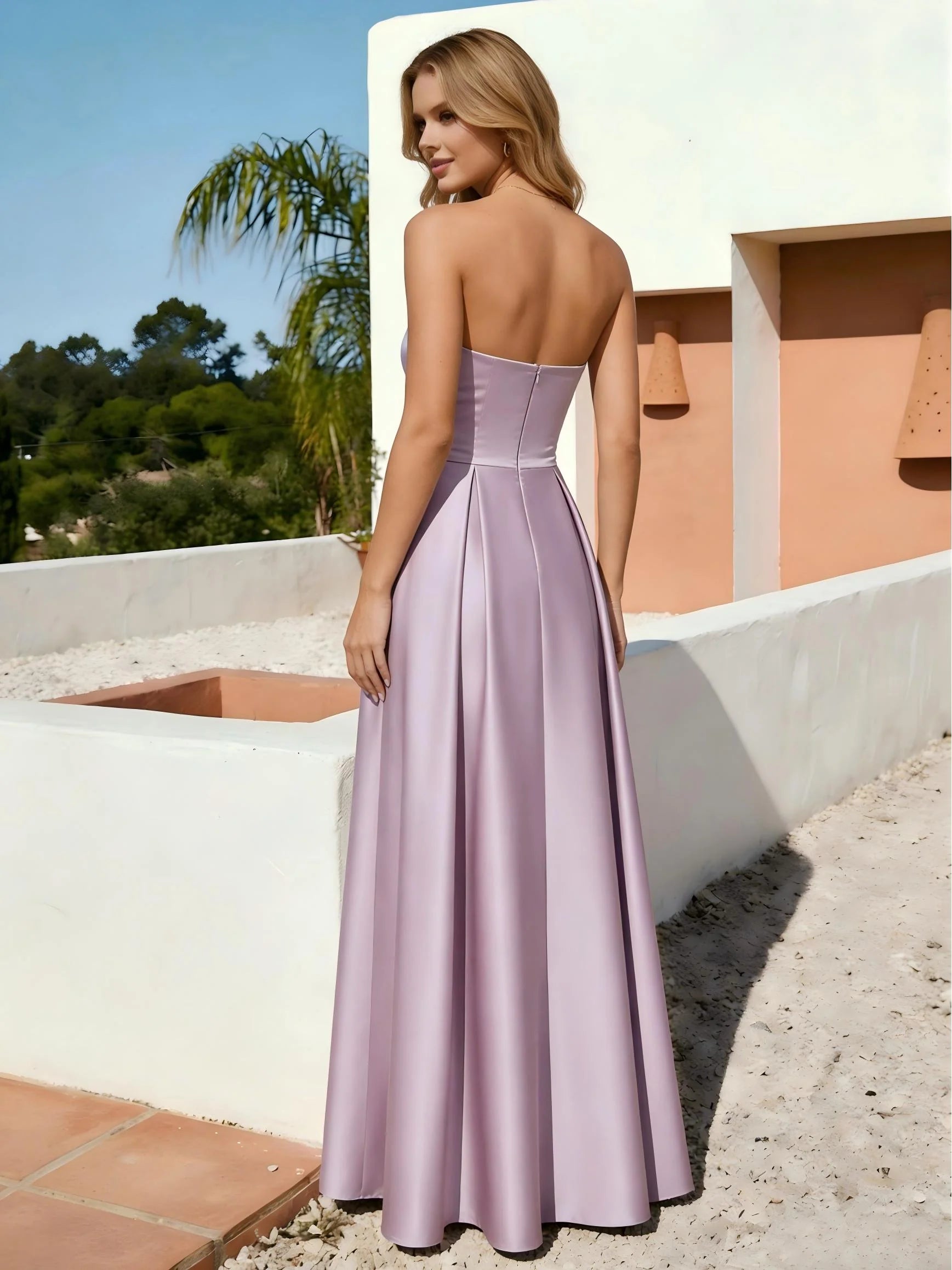 Strapless A Line Satin Wedding Guest Dress