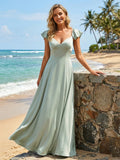 A Line V Neck Short Sleeves Floor Length Bridesmaid Dresses with Pleats