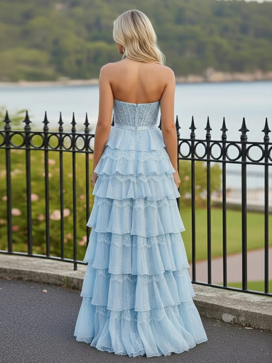 Strapless Lace Appliques A Line Prom Dresses with Slit