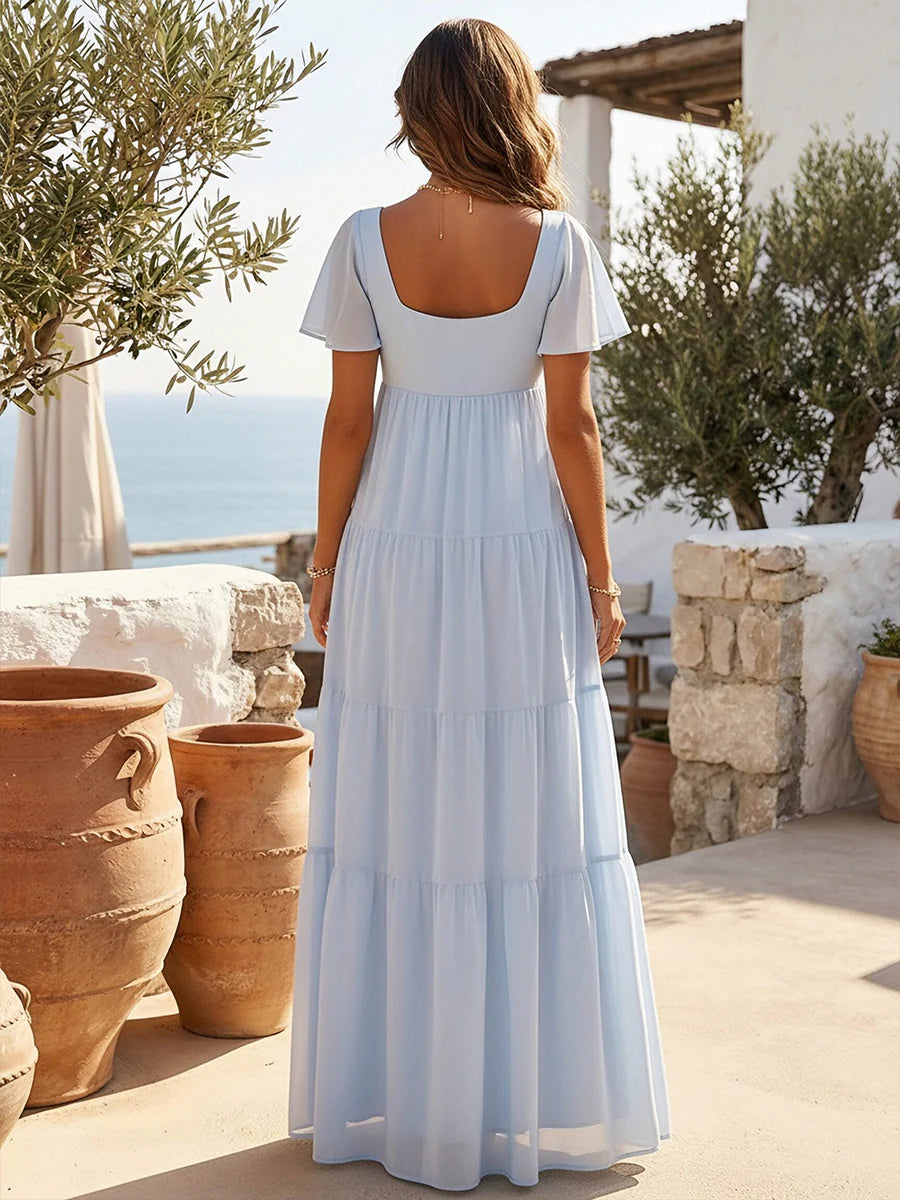 Chiffon A Line Square Neck Pleated Bridesmaid Dresses