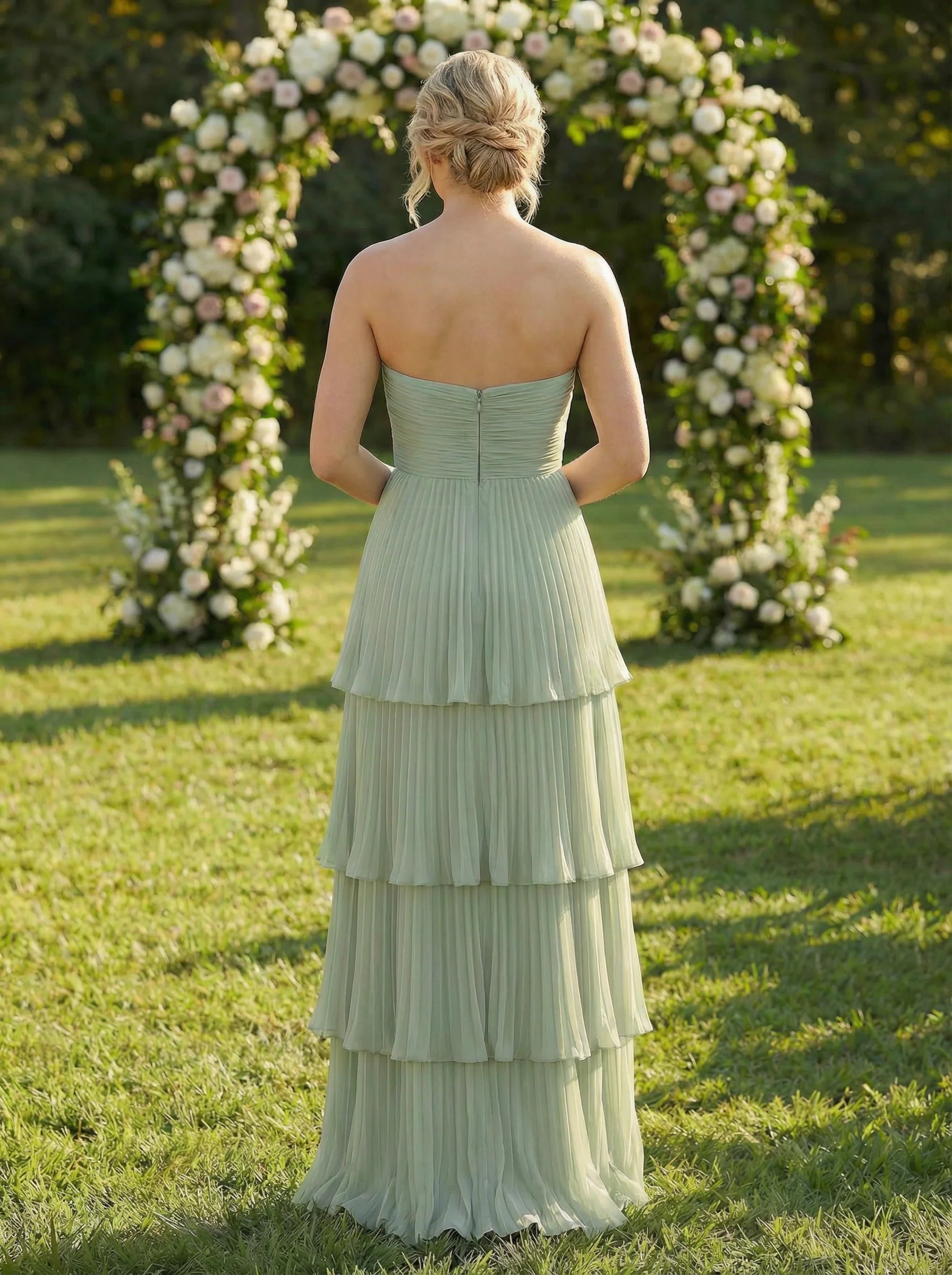 Chiffon A Line Strapless Tiered Bridesmaid Dresses