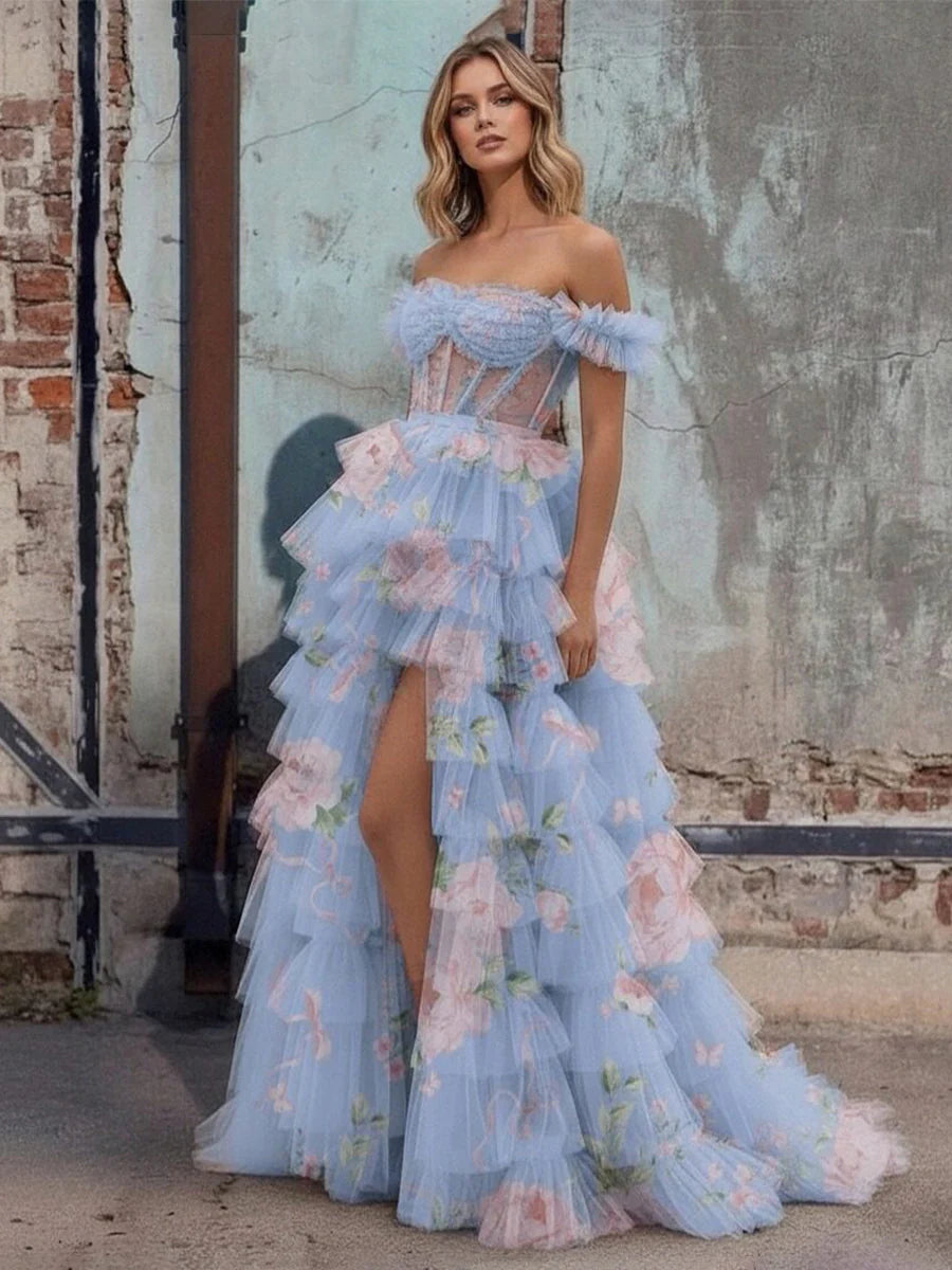 Off the Shoulder Floral Tulle Prom Dresses with Slit