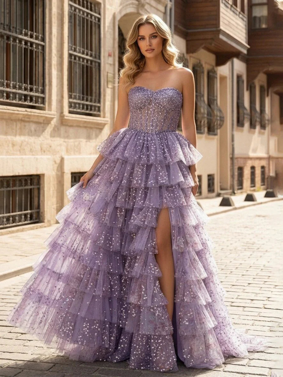 Strapless Sequin Tulle Prom Dresses with Slit