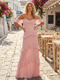 Chiffon Off the Shoulder A Line Long Bridesmaid Dresses with Ruffles