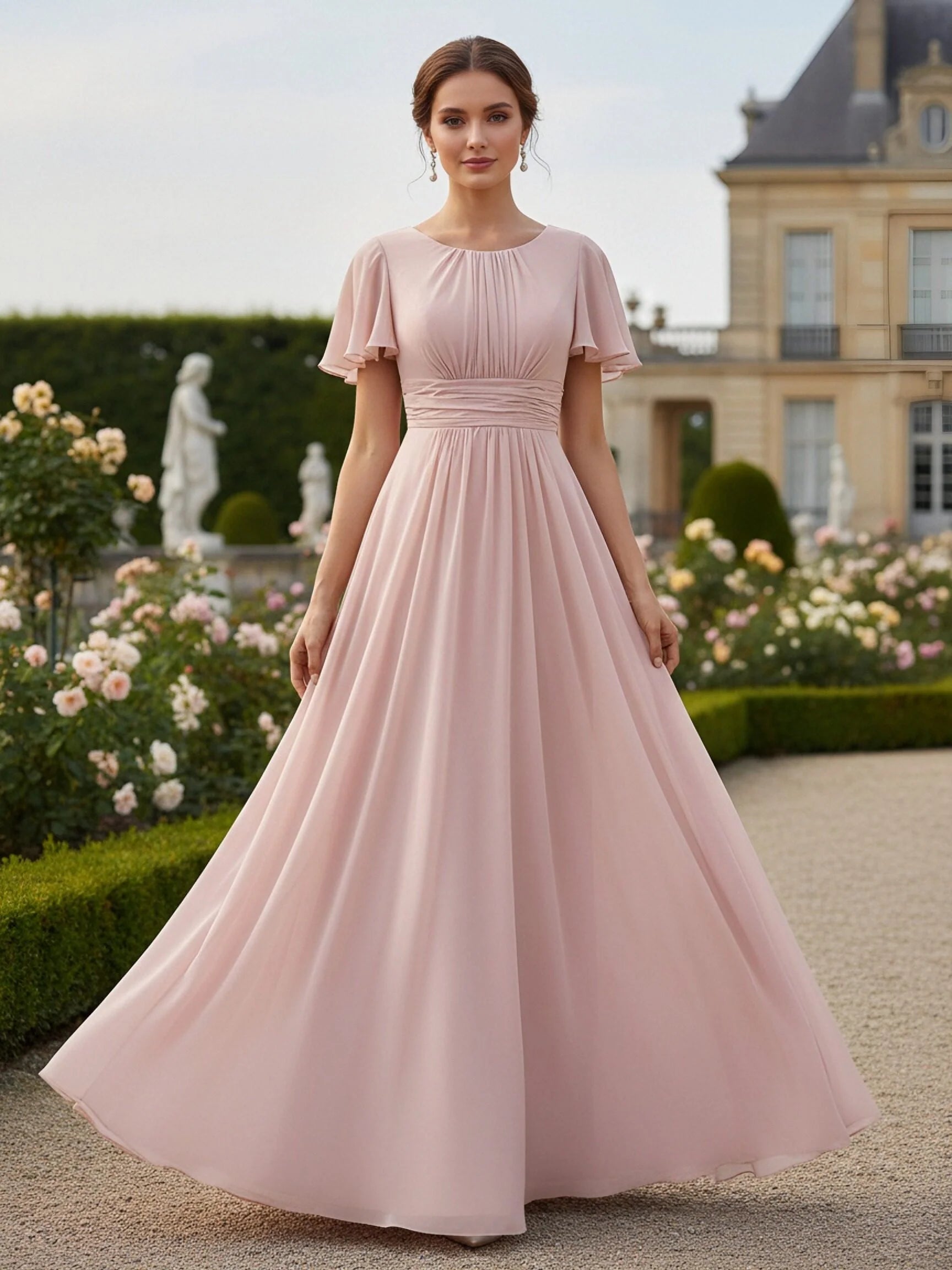 A Line Crew Neck Short Sleeves Pleated Long Bridesmaid Dresses