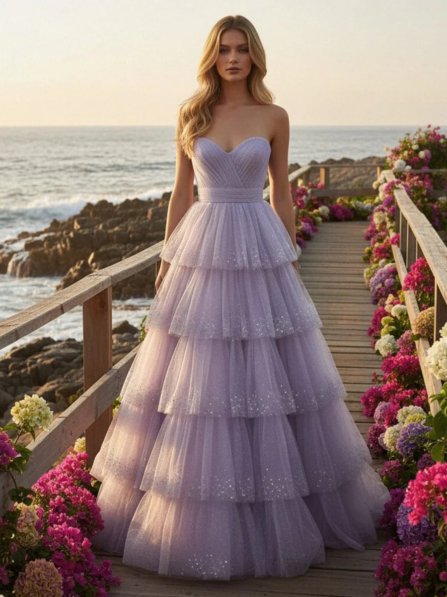 Glitter Strapless Tiered Tulle A Line Prom Dresses