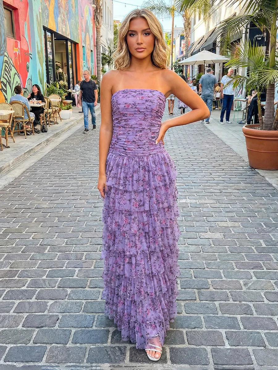 Chiffon A Line Strapless Floral Print Bridesmaid Dresses