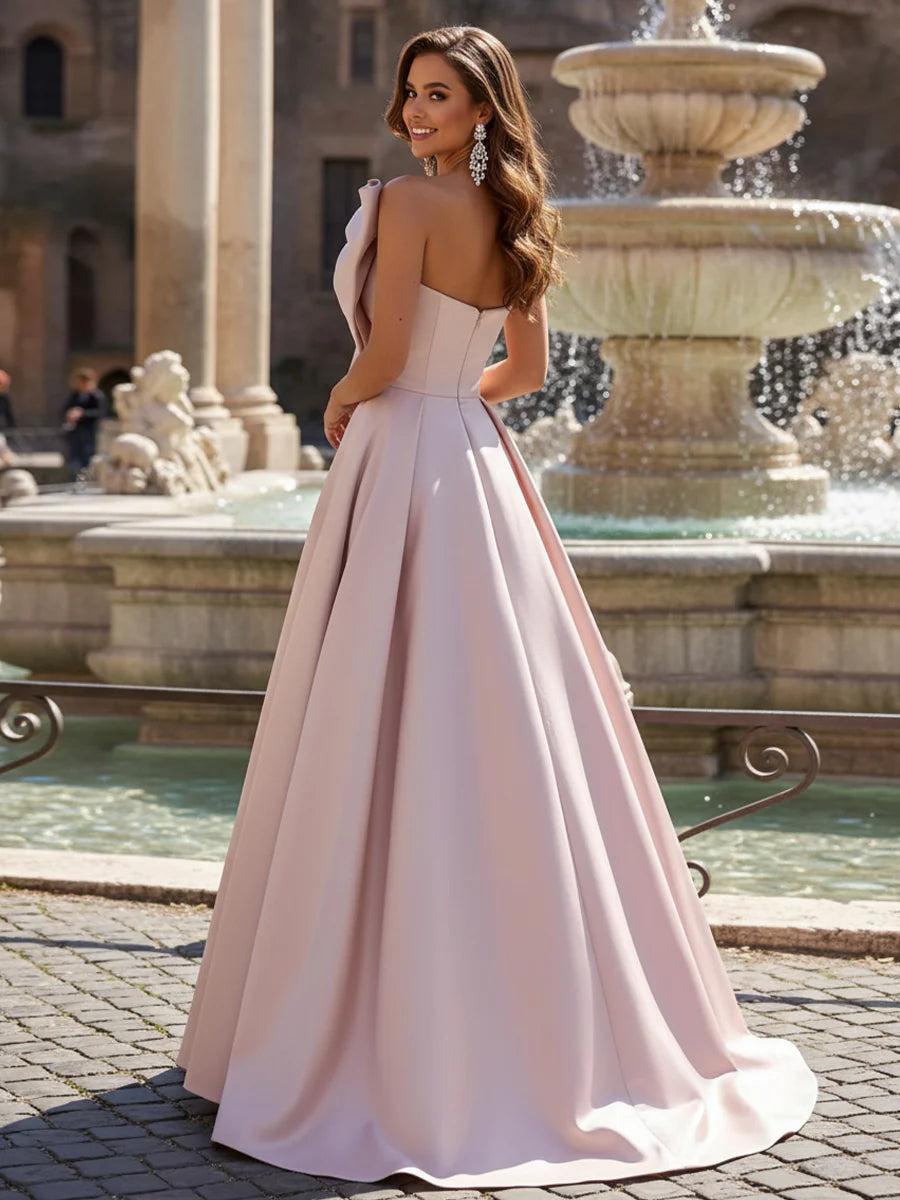 Satin A Line Strapless Bow Prom Dresses
