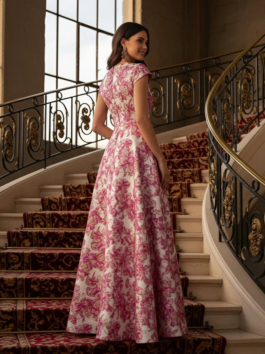 Round Neck Short Sleeves Jacquard Formal Dress