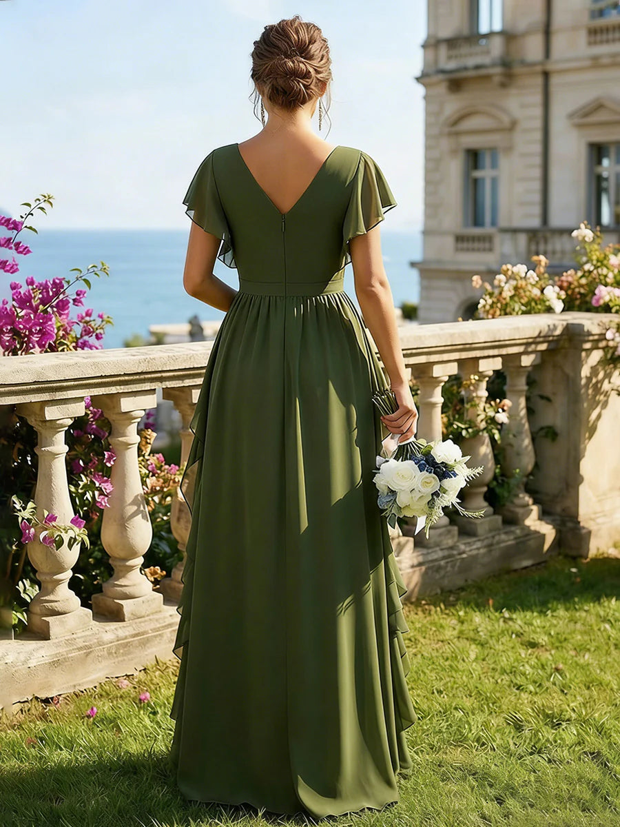 Chiffon A Line V Neck Bridesmaid Dresses with Flying Sleeves