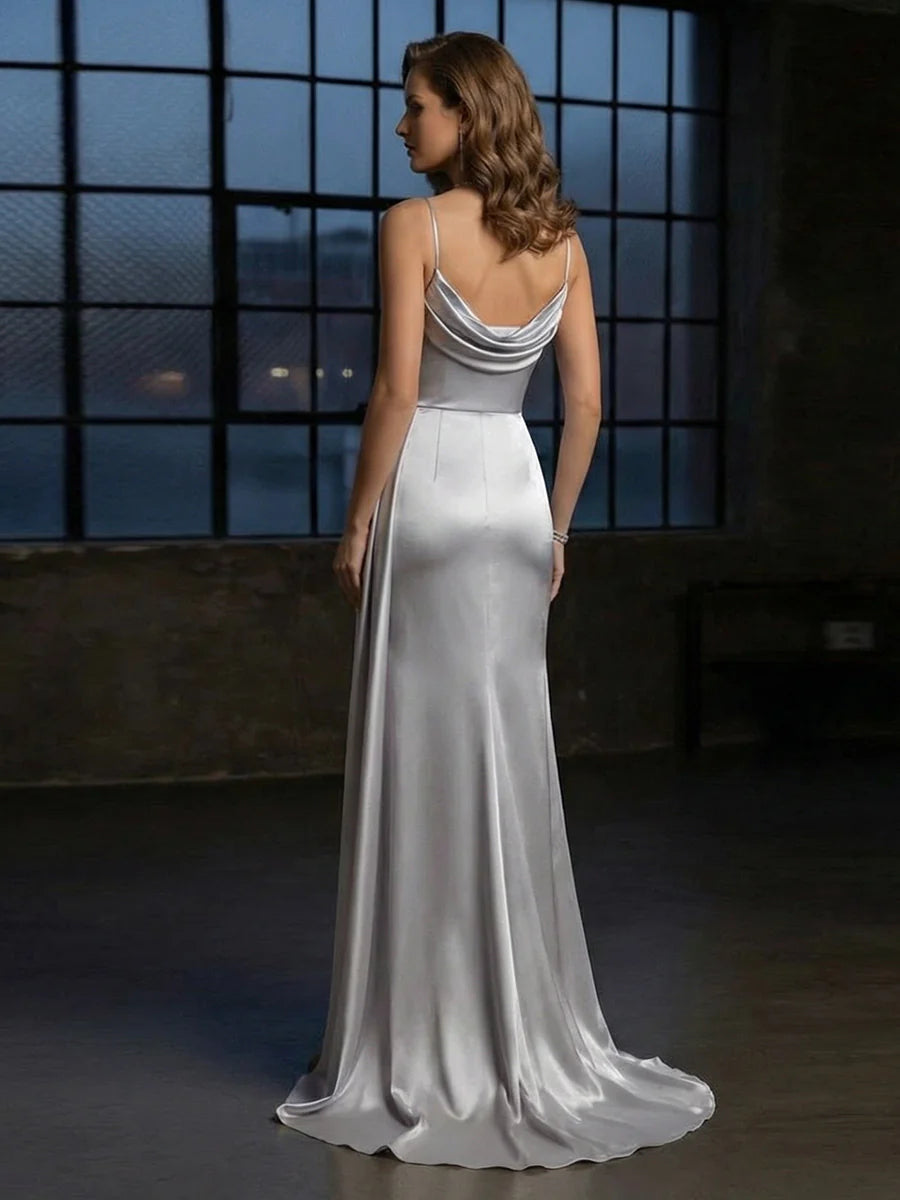 Cowl Neck Satin Mermaid Prom Dresses with Wrap