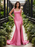 Off the Shoulder Satin Mermaid Prom Dresses with Slit
