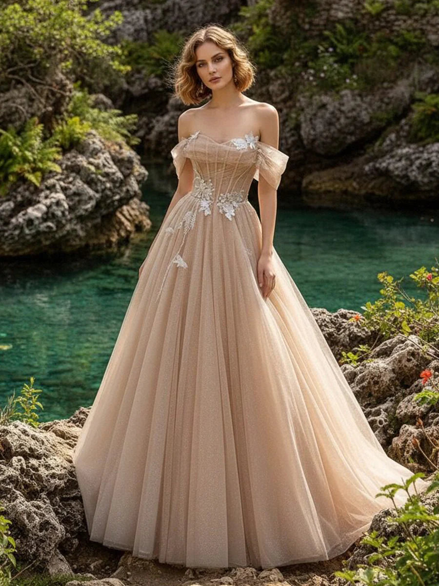 Satin A Line Off the Shoulder Applique  Prom Dresses