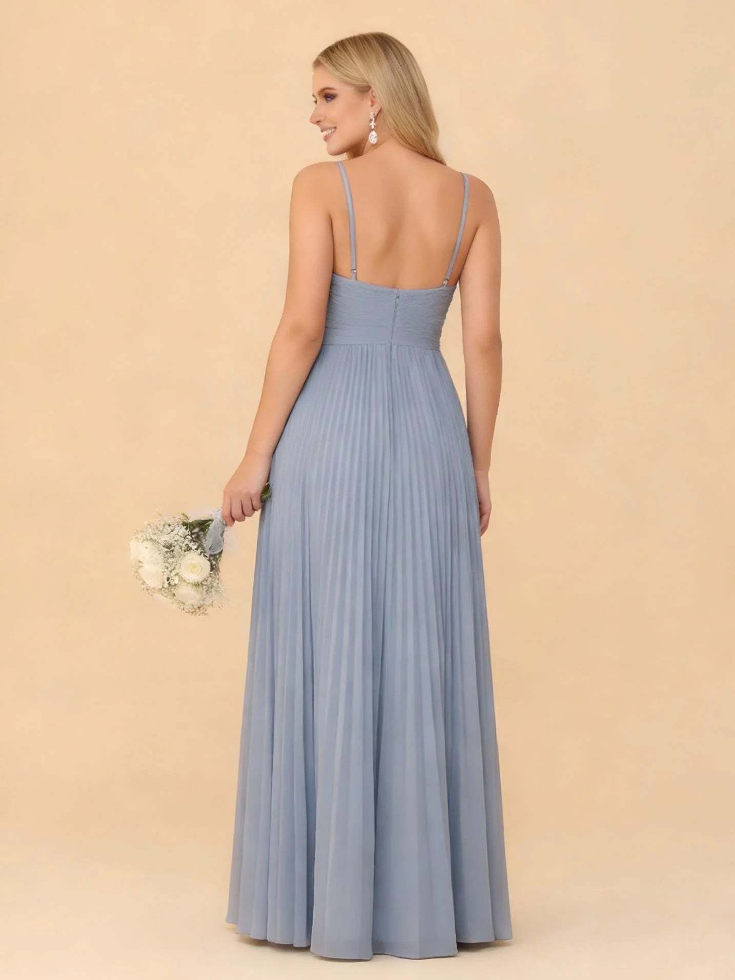 Spaghetti Straps V Neck Chiffon Bridesmaid Dresses with Slit