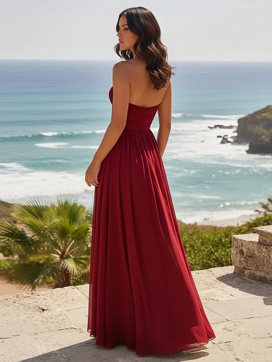 Strapless Chiffon Bodycon Prom Dresses with Slit