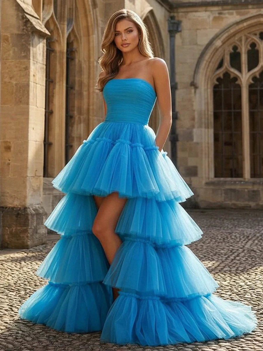 Strapless A Line Tiered Tulle Prom Dresses with Slit