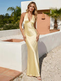 Deep V Neck Mermaid Satin Wedding Guest Dress