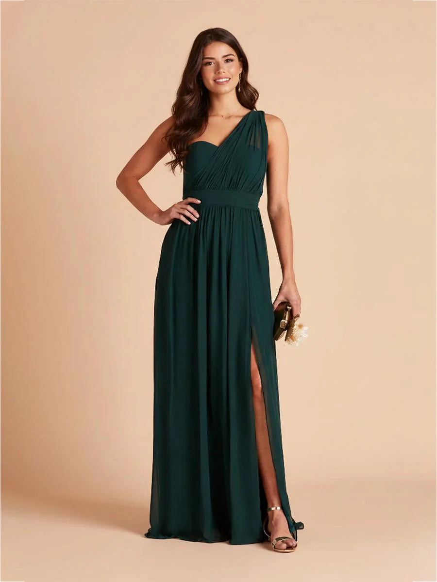 Chiffon One Shoulder Pleated Bridesmaid Dresses with Slit
