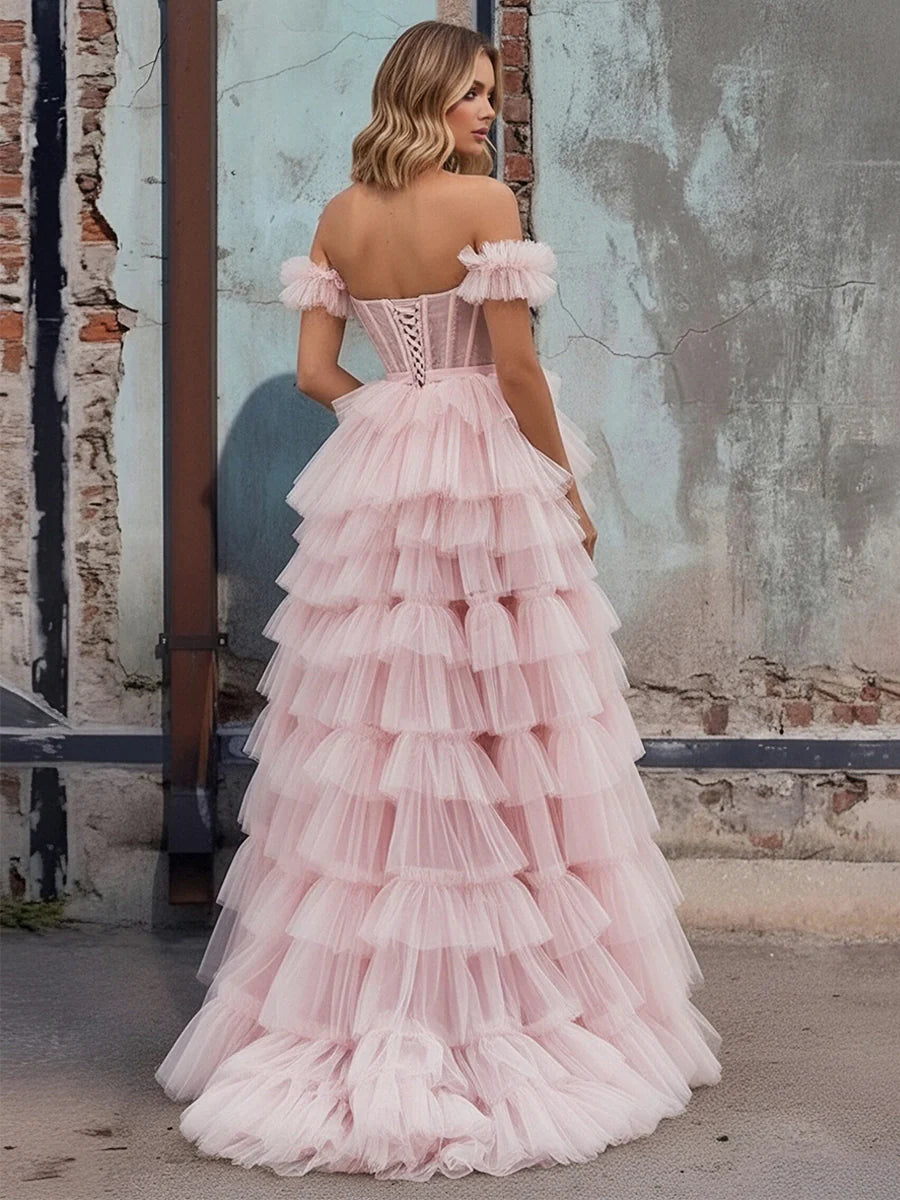 Off the Shoulder Tulle Prom Dresses with Slit