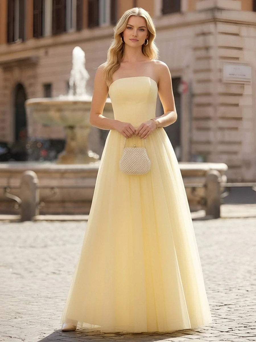 Strapless Satin A Line Tulle Prom Dresses