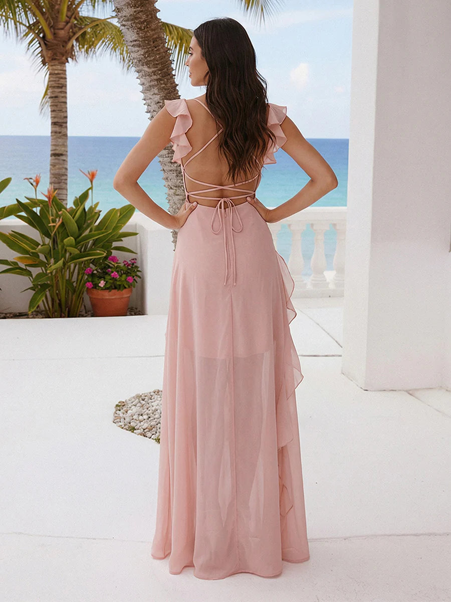 A Line V Neck Floor Length Sleeveless Bridesmaid Dresses with Ruffles