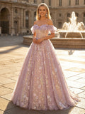 Off the Shoulder Glitter Tulle A Line Prom Dress