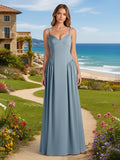 Spaghetti Straps V Neck Satin A Line Bridesmaid Dresses