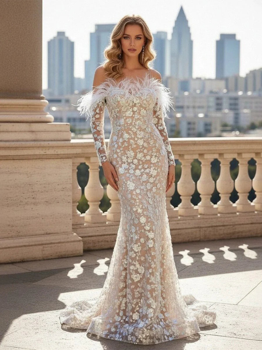 Off the Shoulder Mermaid 3D Flower Applique Prom Dresses