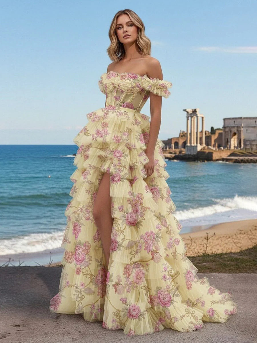 Floral Tulle Off the Shoulder Prom Dresses with Slit
