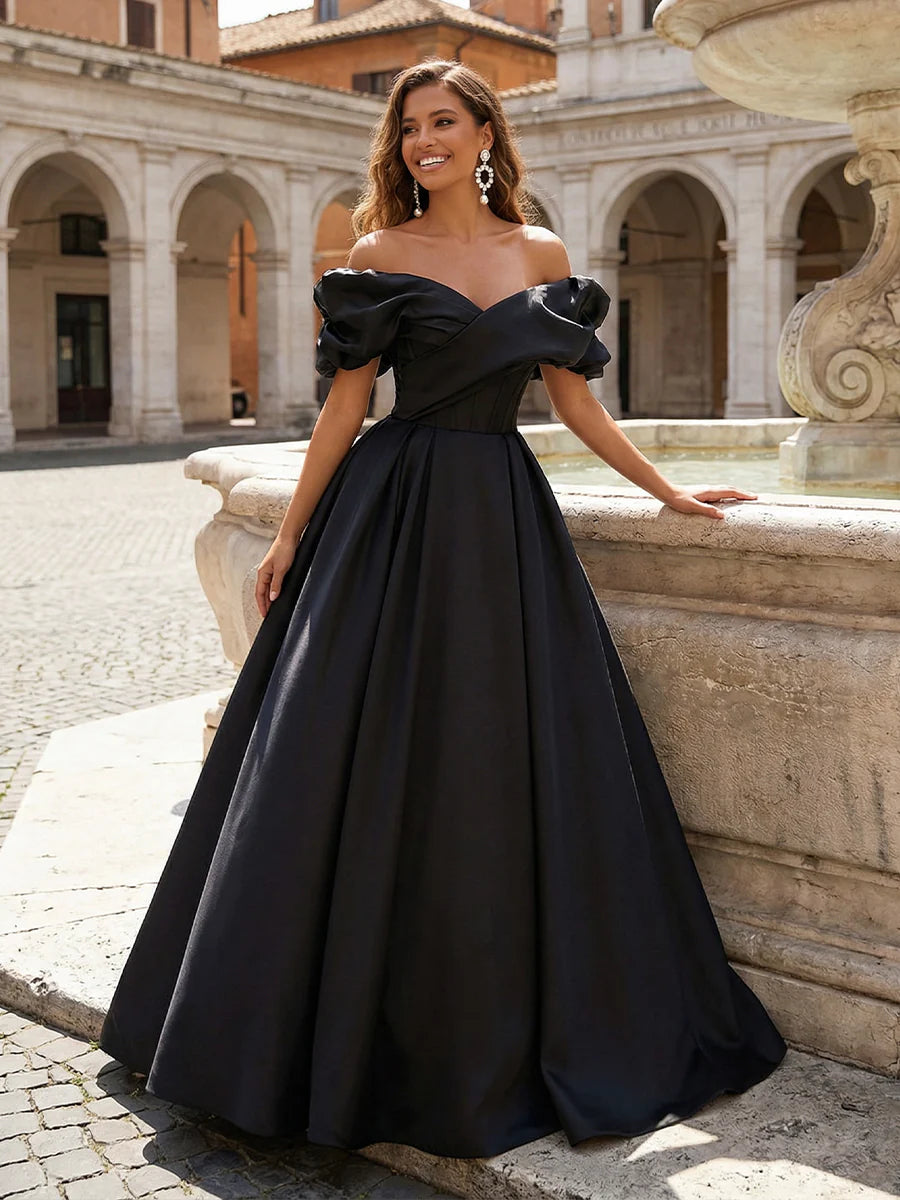 Satin A Line Off the Shoulder Pleated Prom Dresses
