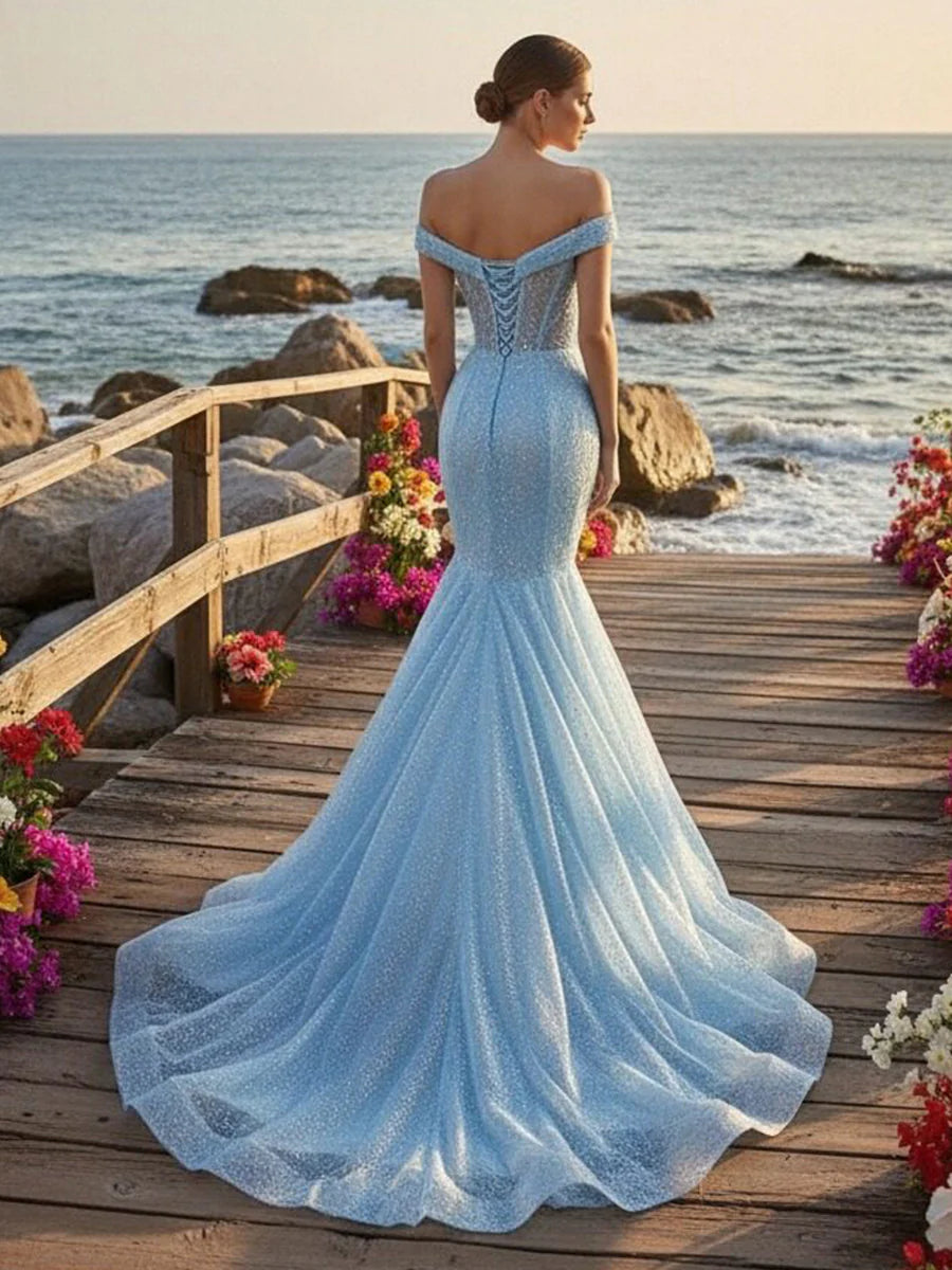 Off the Shoulder Tulle Mermaid Prom Dresses